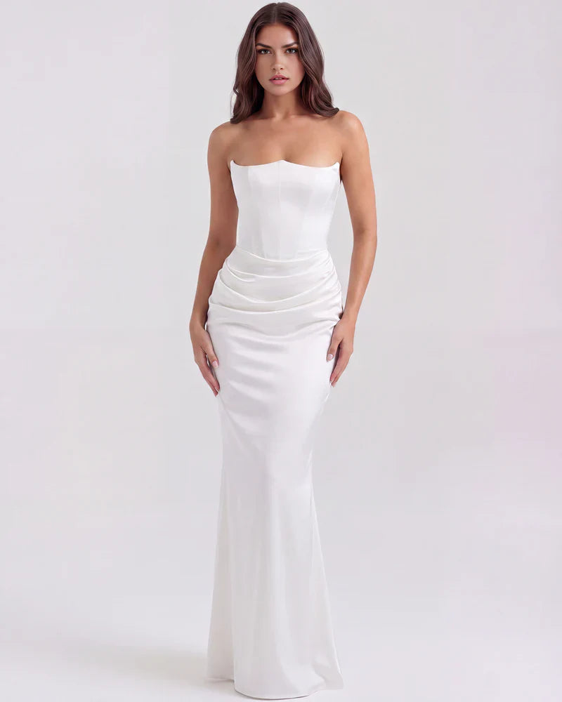 FJØRNA women's strapless velvet maxi dress with ruched detail, elegant evening dress for women, front view.