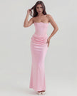 Velvet women's strapless corset maxi dress with ruched detail by FJØRNA, showcasing its elegant fit and flowing design.