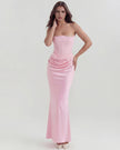 Velvet women's strapless corset maxi dress with ruched detail by FJØRNA, featuring a fitted bodice and flowing skirt.