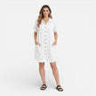 FJØRNA women's linen shirt dress with pockets, casual summer dress, lightweight fabric, button-front design, and relaxed fit.