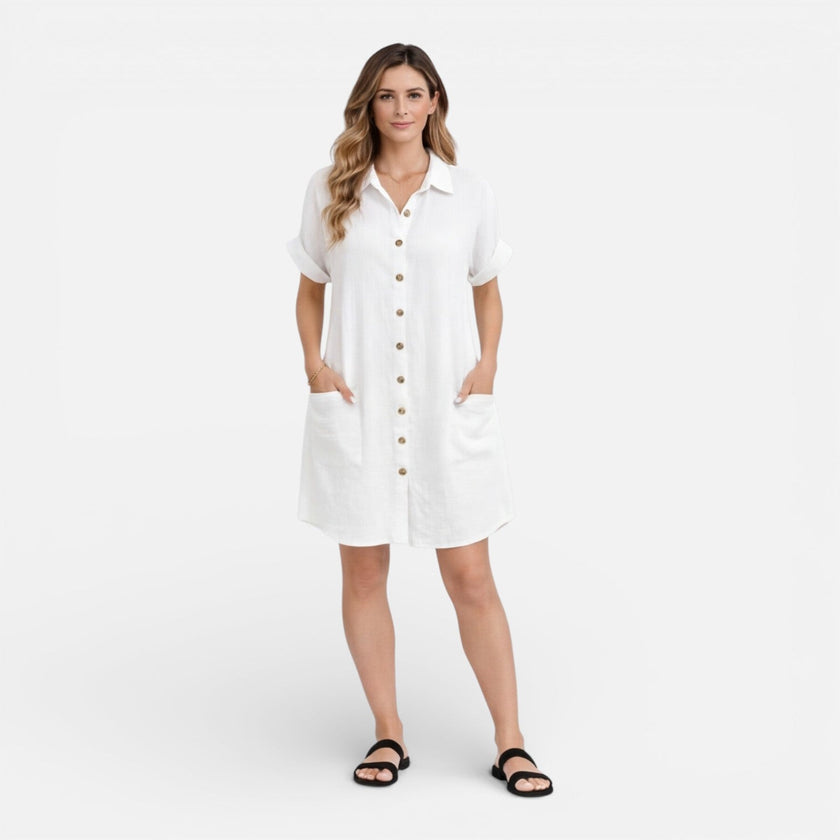 FJØRNA women's linen shirt dress with pockets, casual summer dress, lightweight fabric, button-front design, and relaxed fit.