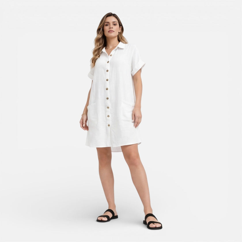 FJØRNA women's linen shirt dress with pockets, casual summer dress in light linen fabric, featuring a relaxed fit and button front.