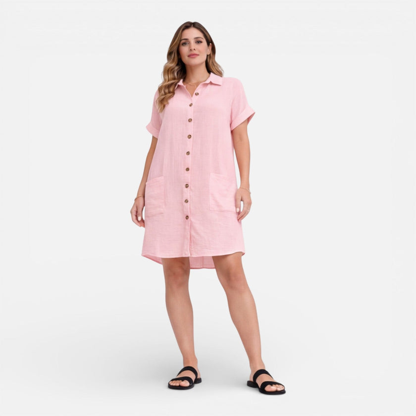FJØRNA women's linen shirt dress with pockets, casual summer dress in light fabric, showing a relaxed fit and front pockets.