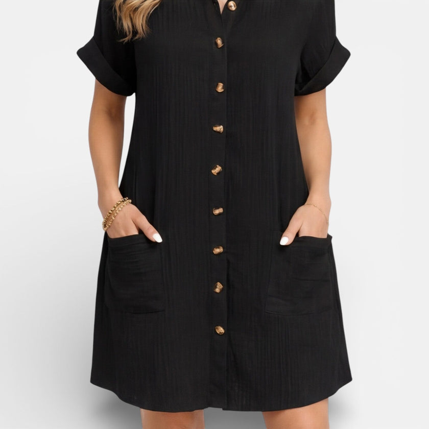 FJØRNA women's linen shirt dress with pockets, casual summer dress, featuring a relaxed fit and lightweight fabric.