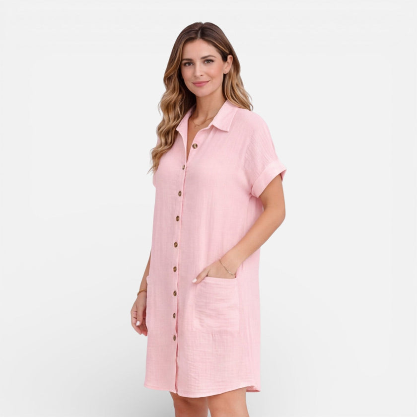 FJØRNA women's linen shirt dress with pockets, casual summer style, featuring a relaxed fit and lightweight fabric.