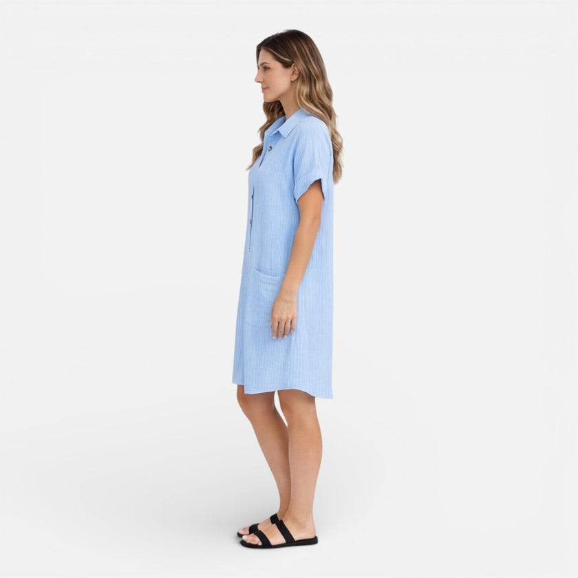 FJØRNA women's linen shirt dress with pockets, casual summer dress featuring a relaxed fit and button-front design.