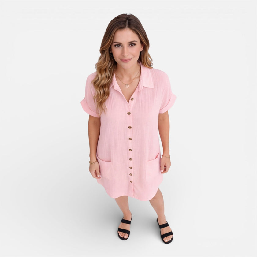 FJØRNA women's linen shirt dress with pockets, casual summer dress in light, breathable fabric, perfect for warm weather.