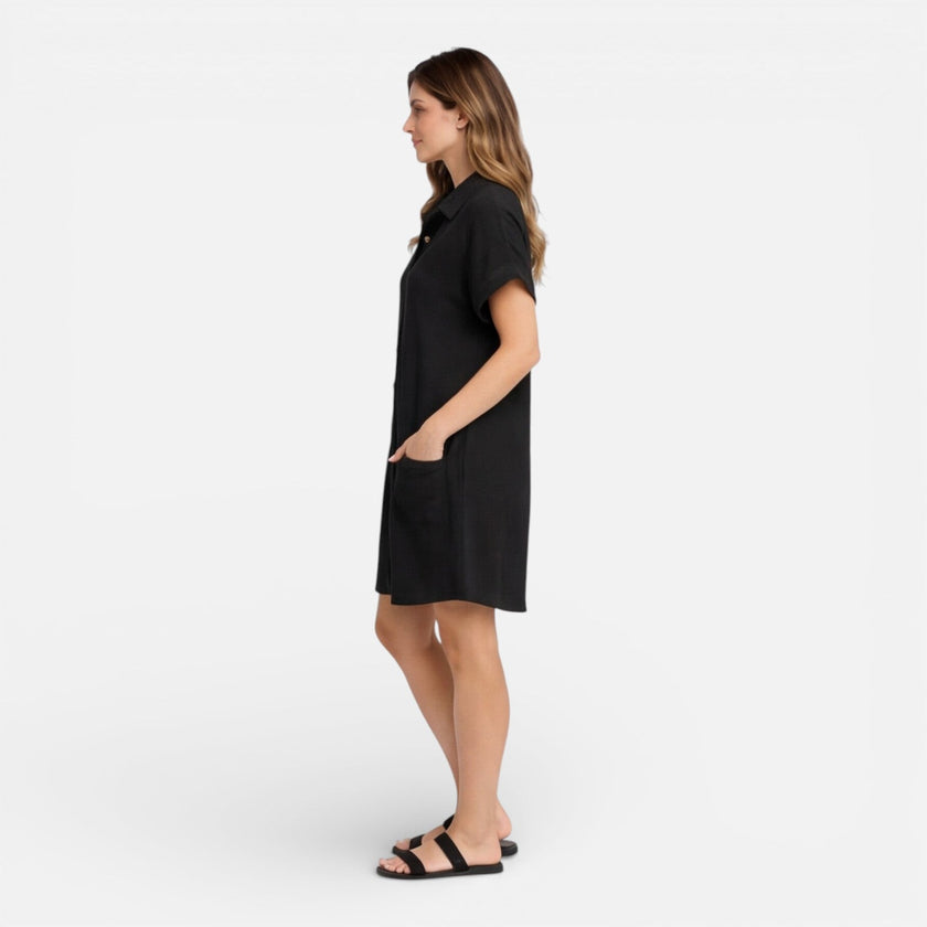 FJØRNA women's linen shirt dress with pockets, casual summer dress, lightweight fabric, long sleeves, and relaxed fit.