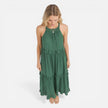 FJØRNA women's lightweight tiered maxi dress with flowy fabric and halter neck, perfect for summer wear.