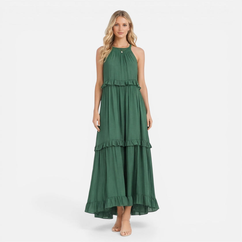 Lightweight women's tiered maxi dress by FJØRNA featuring a flowy summer design and halter neck style.