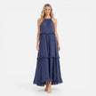 Lightweight, flowy women's tiered maxi dress with halter neck by FJØRNA, perfect for summer and warm weather.