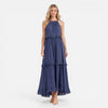 Lightweight, flowy women's tiered maxi dress with halter neck by FJØRNA, perfect for summer and warm weather.