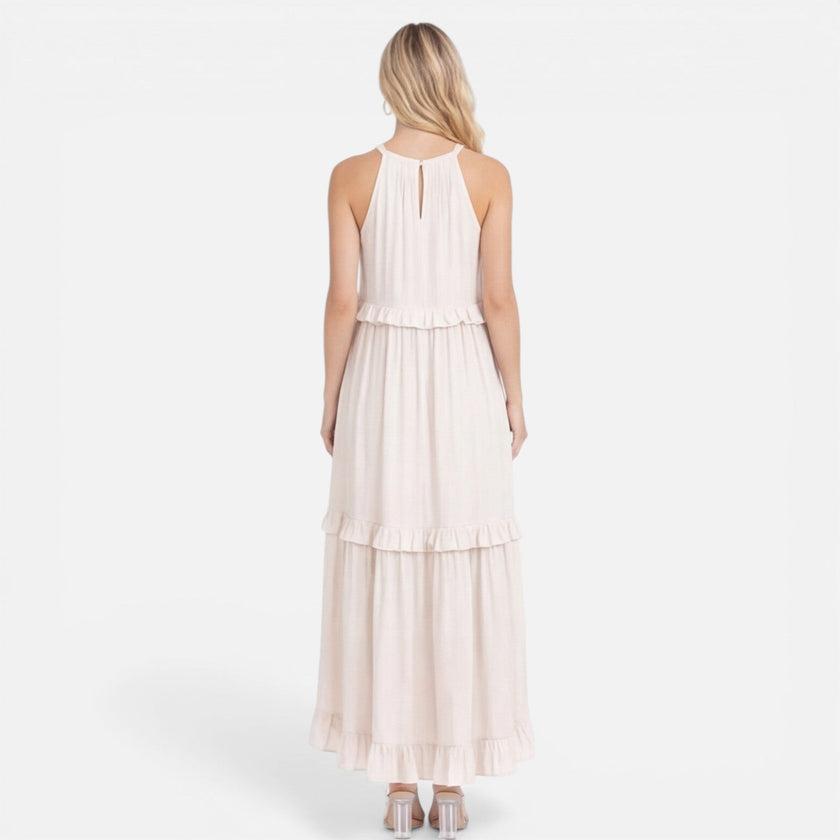 Lightweight flowy women's tiered maxi dress with halter neck by FJØRNA, perfect for summer wear.