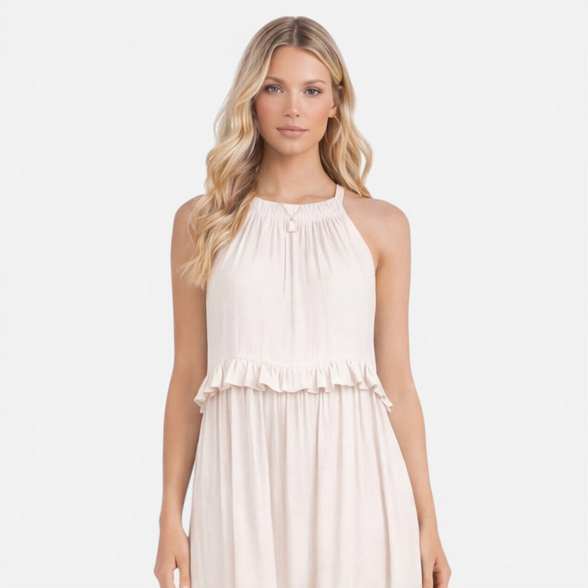 Lightweight, flowy women's tiered maxi dress with halter neck by FJØRNA, perfect for summer wear