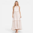 Lightweight women's tiered maxi dress by FJØRNA featuring a flowy summer design and halter neck style.
