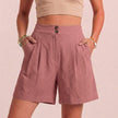 Dusty rose linen summer shorts for women by FJØRNA, high waist with pockets, breathable and comfortable for warm weather.