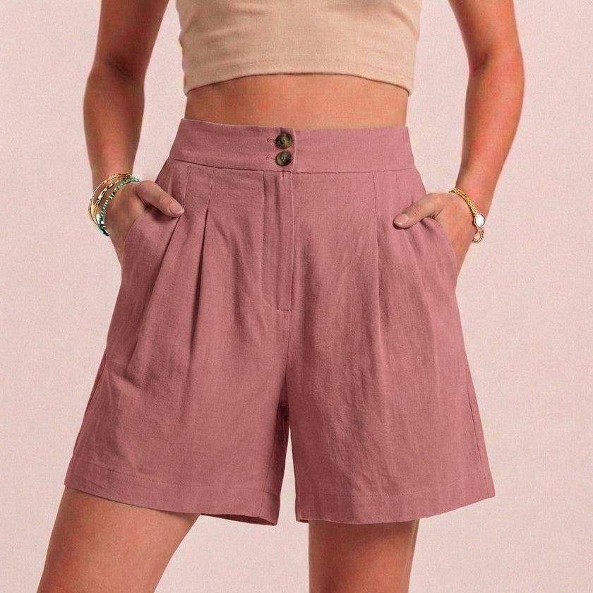 Dusty rose linen summer shorts for women by FJØRNA, high waist with pockets, breathable and comfortable for warm weather.