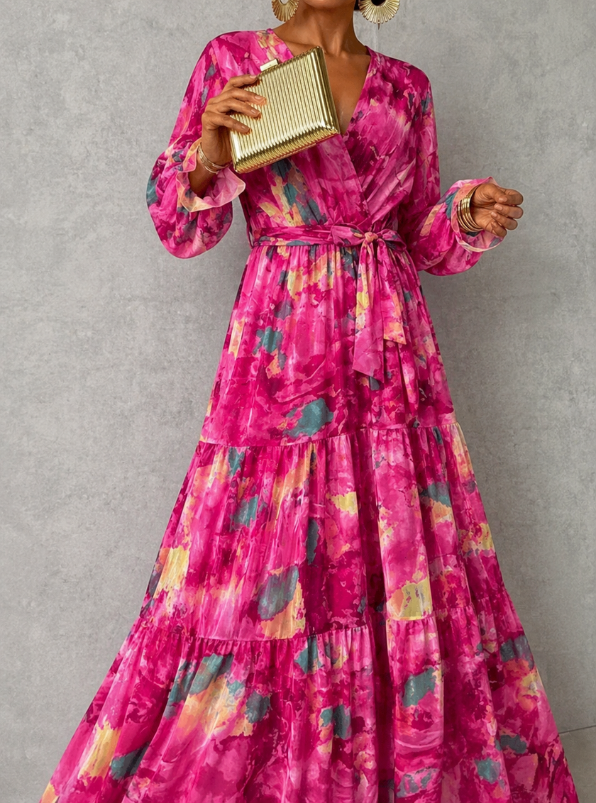 FJØRNA elegant floral wrap dress for women with a flattering silhouette and vibrant flower print, perfect for stylish occasions.