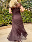 FJØRNA elegant mesh pleated wide-leg maxi dress for women, hip-hugging design with flowing fabric and stylish details.