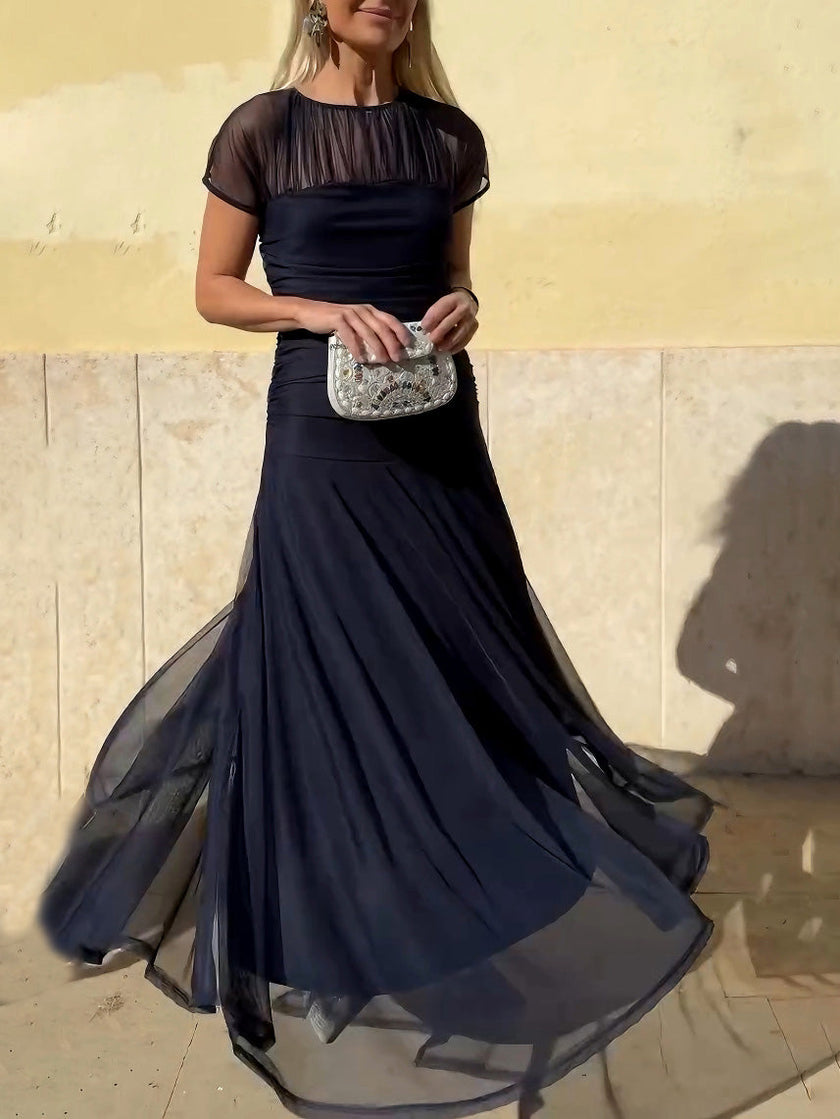 FJØRNA elegant mesh pleated wide-leg maxi dress for women, hip-hugging design with a flowing, stylish silhouette.