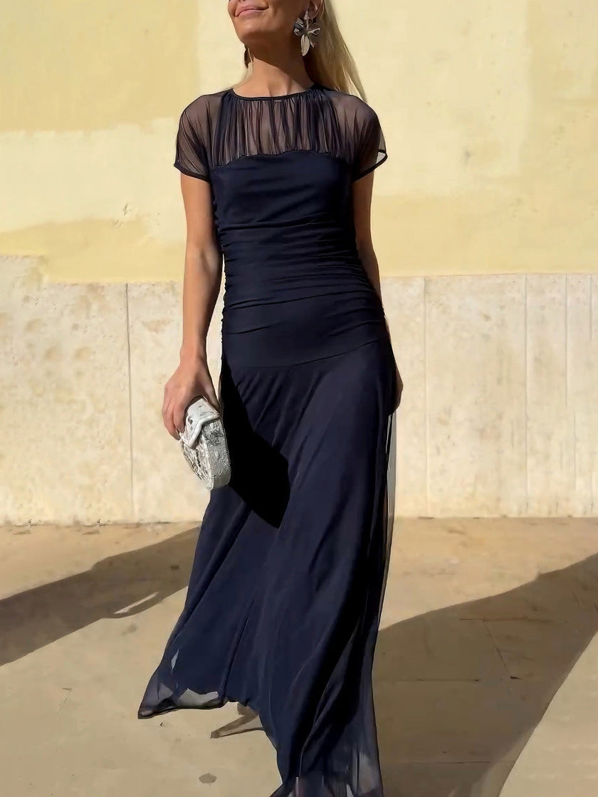 FJØRNA elegant mesh pleated wide-leg maxi dress for women, hip-hugging design with a flowing silhouette and stylish details.