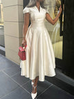 Elegant Pleated V-Neck Waisted A-Line Women's Midi Dress