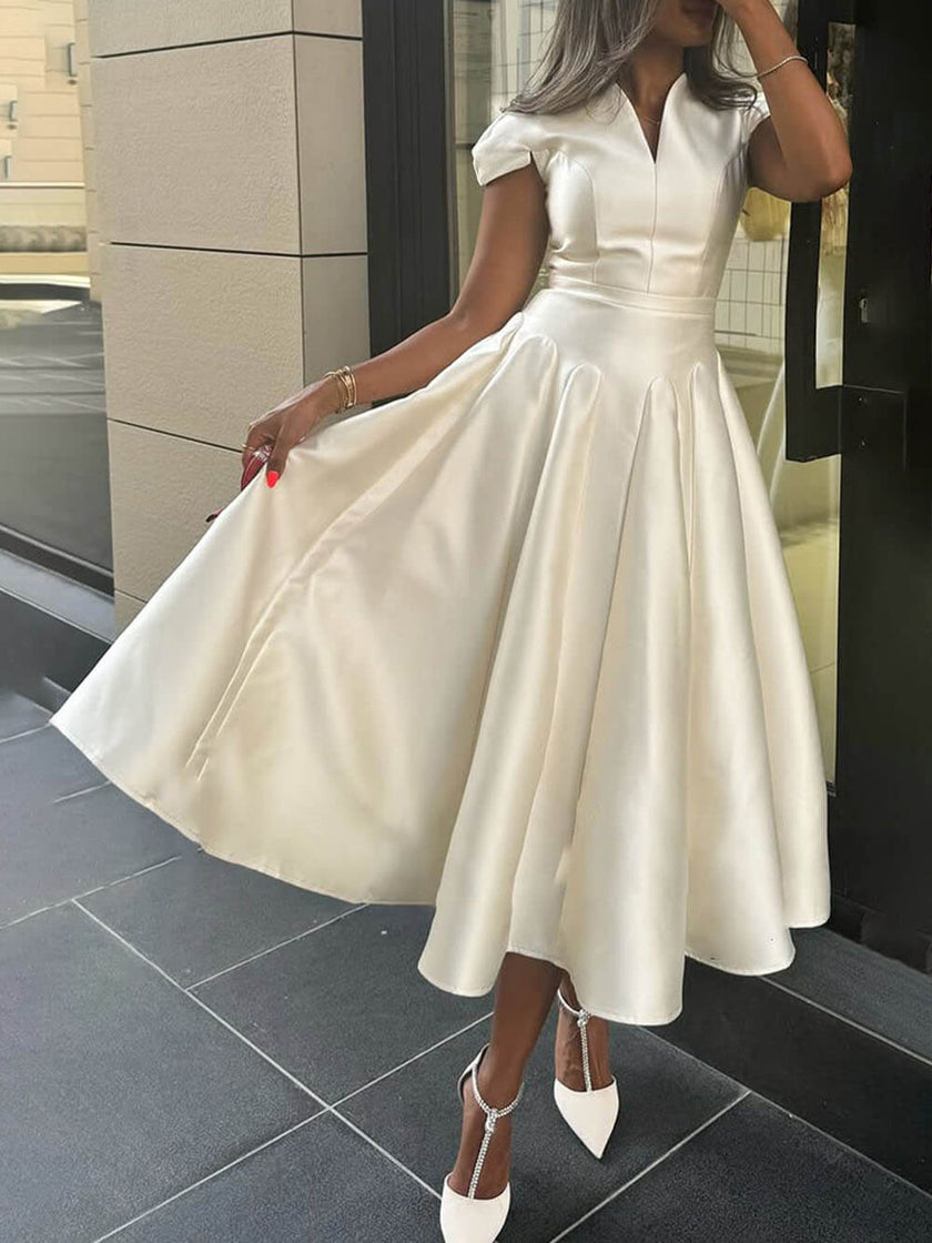 Elegant Pleated V-Neck Waisted A-Line Women's Midi Dress