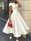 Elegant Pleated V-Neck Waisted A-Line Women's Midi Dress