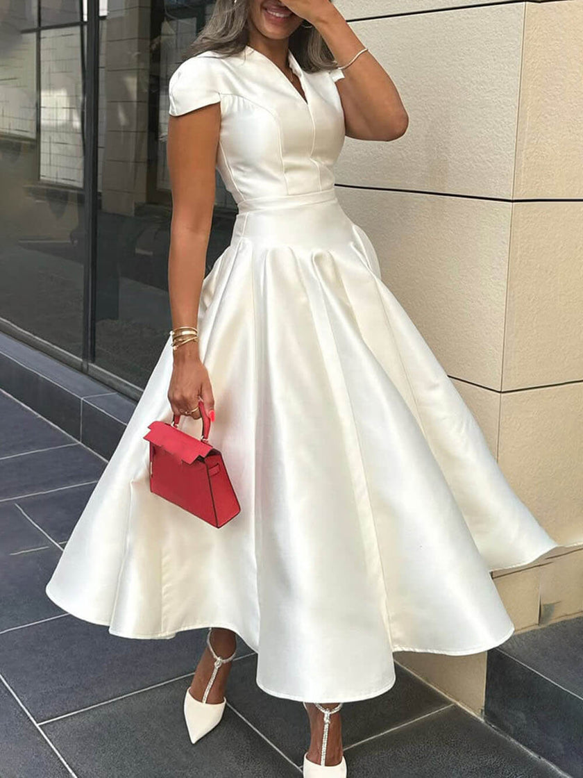 Elegant Pleated V-Neck Waisted A-Line Women's Midi Dress