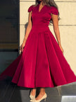 Elegant Pleated V-Neck Waisted A-Line Women's Midi Dress