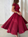 Elegant Pleated V-Neck Waisted A-Line Women's Midi Dress