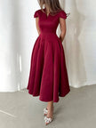 Elegant Pleated V-Neck Waisted A-Line Women's Midi Dress
