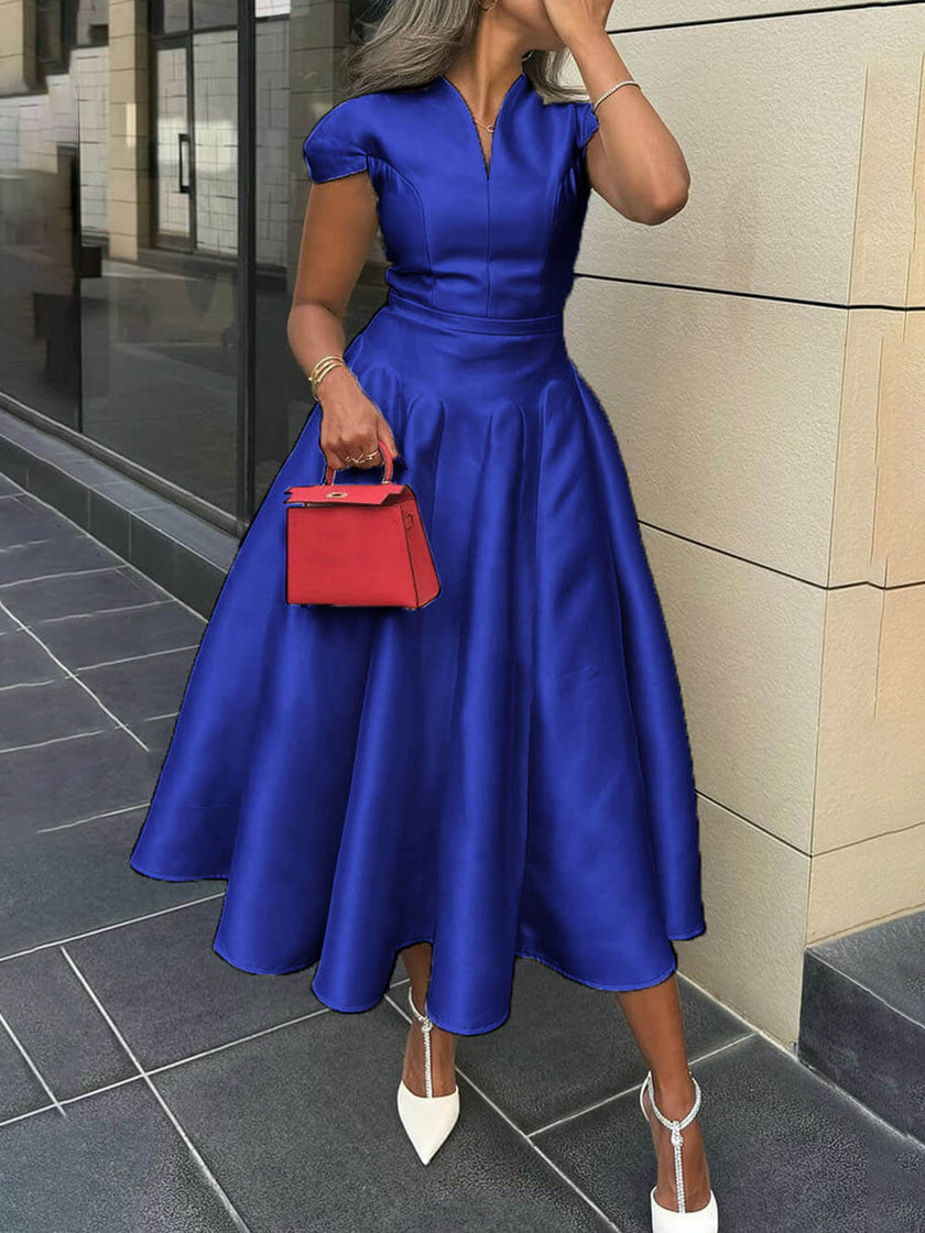 Elegant Pleated V-Neck Waisted A-Line Women's Midi Dress