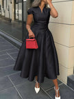 Elegant Pleated V-Neck Waisted A-Line Women's Midi Dress