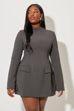 FJØRNA grey split sleeve mini dress with stylish design, featuring a fitted silhouette and elegant sleeve details.