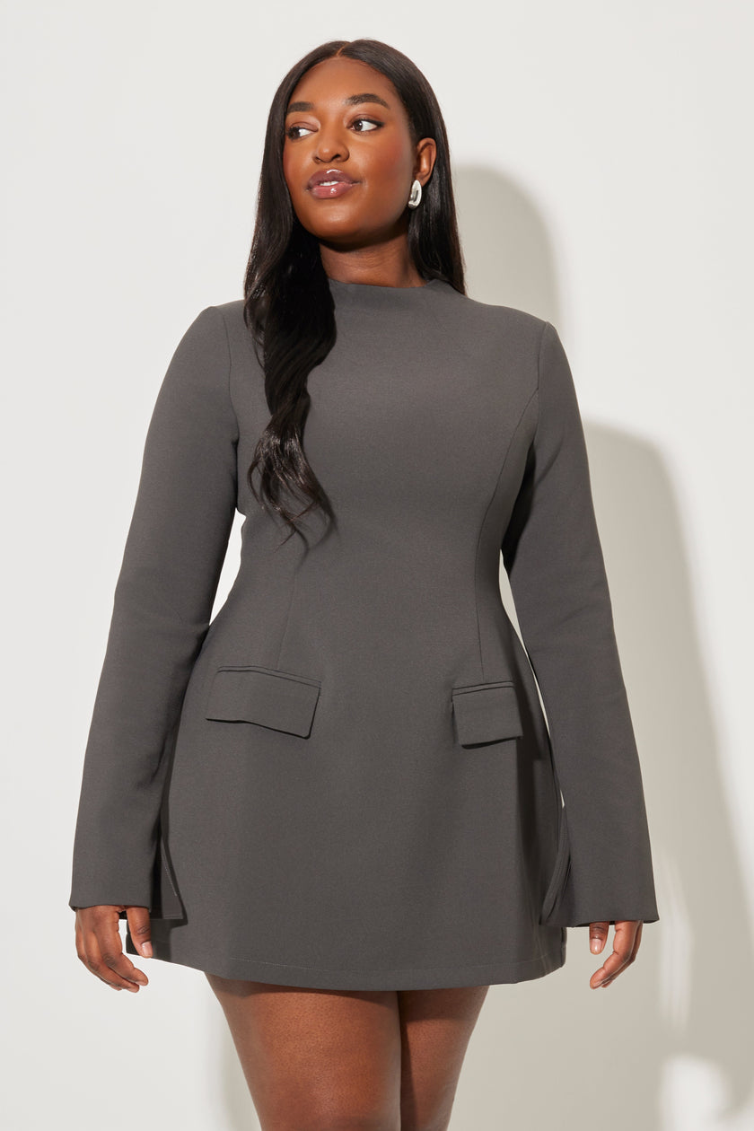 FJØRNA grey split sleeve mini dress with stylish design, featuring a fitted silhouette and elegant sleeve details.