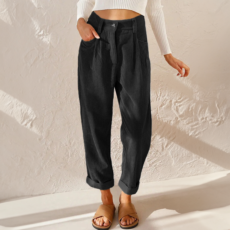 Lightweight FJØRNA women's summer trousers with elastic waist, breathable flowy fabric, casual corduroy style.