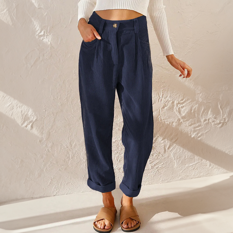 FJØRNA women's lightweight summer trousers with elastic waist, breathable flowy fabric, casual corduroy design.