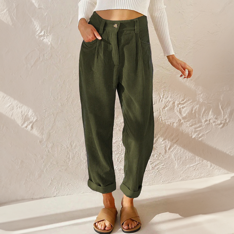 FJØRNA women's lightweight summer trousers with elastic waist, breathable flowy fabric, casual corduroy style, casual women's clothing