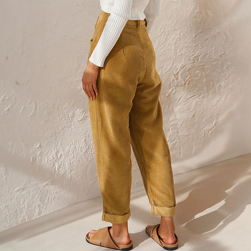 FJØRNA lightweight summer women's trousers with elastic waist, breathable flowy fabric, casual corduroy style, casual women's clothing
