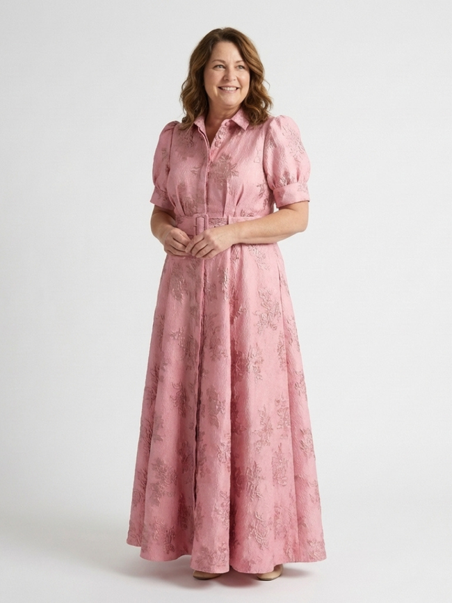 FJØRNA women's floral summer maxi dress with short sleeves, lightweight and breezy for warm weather occasions.