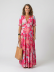 FJØRNA women's summer midi dress with floral print and short sleeves, perfect for warm weather and casual occasions.