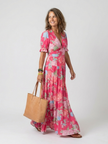 FJØRNA women's floral summer midi dress with short sleeves, lightweight and stylish for warm weather.