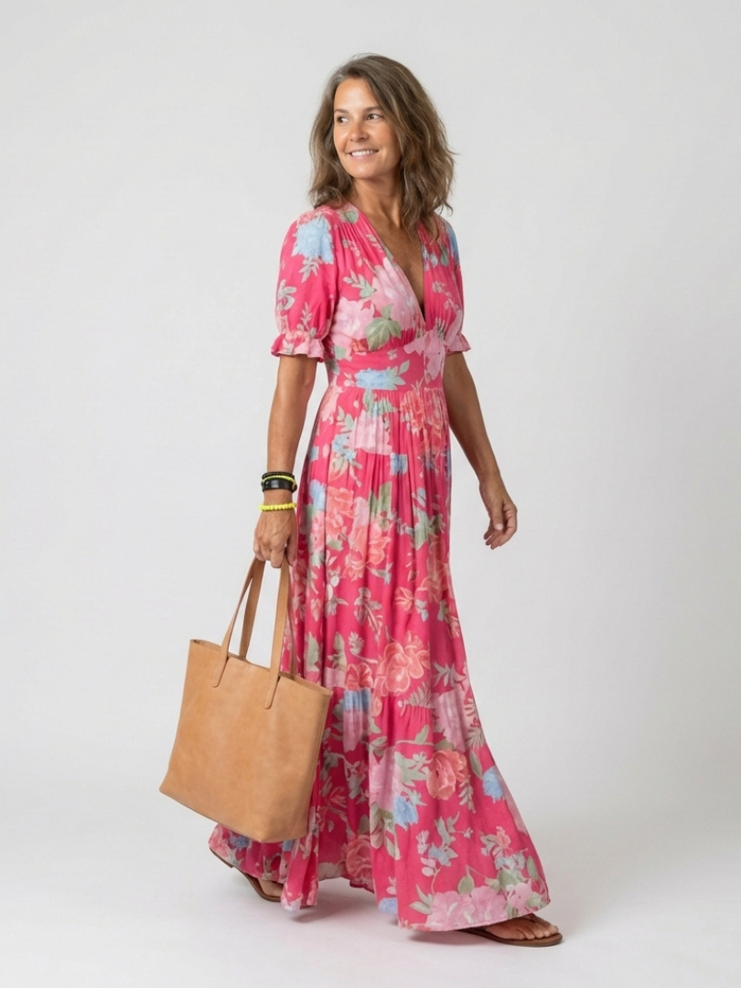 FJØRNA women's floral summer midi dress with short sleeves, lightweight and stylish for warm weather.
