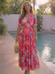Floral summer midi dress for women by FJØRNA with short sleeves, lightweight fabric, perfect for warm weather and casual occasions.