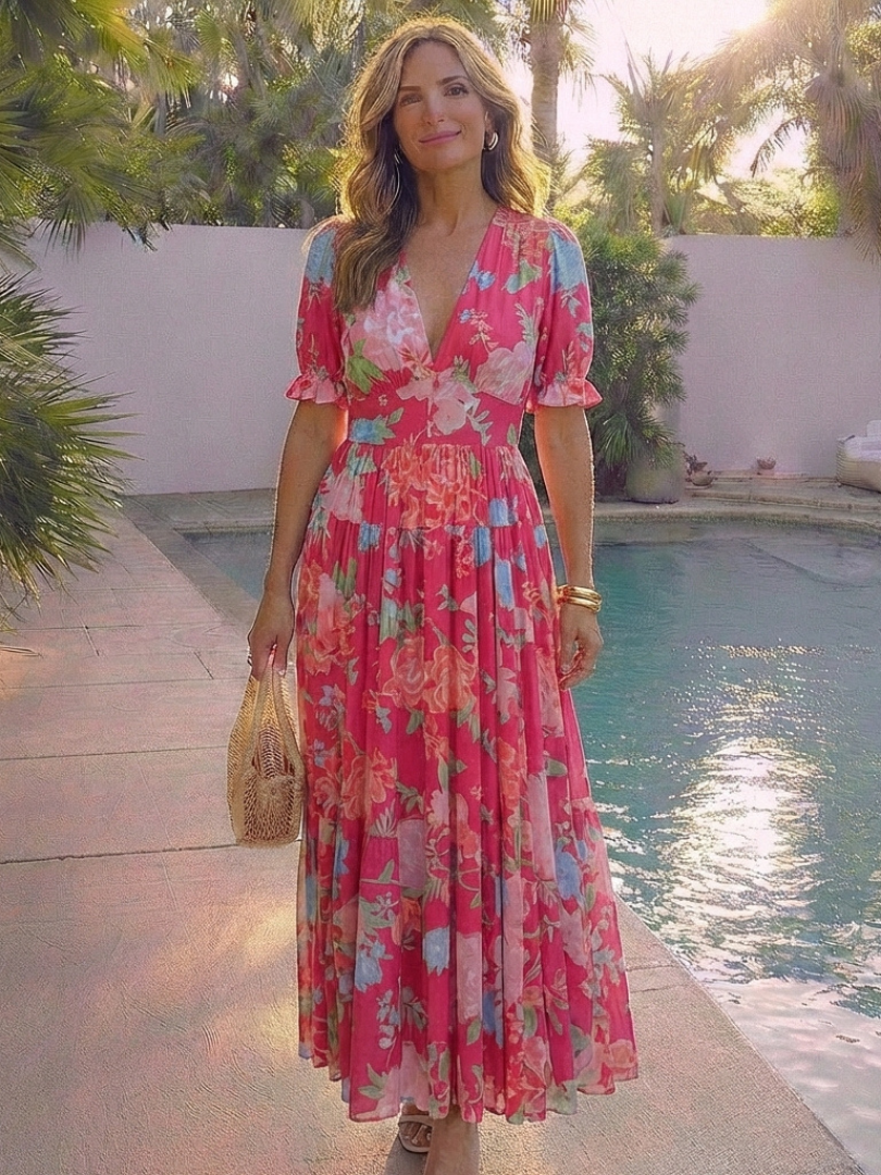 Floral summer midi dress for women by FJØRNA with short sleeves, lightweight fabric, perfect for warm weather and casual occasions.