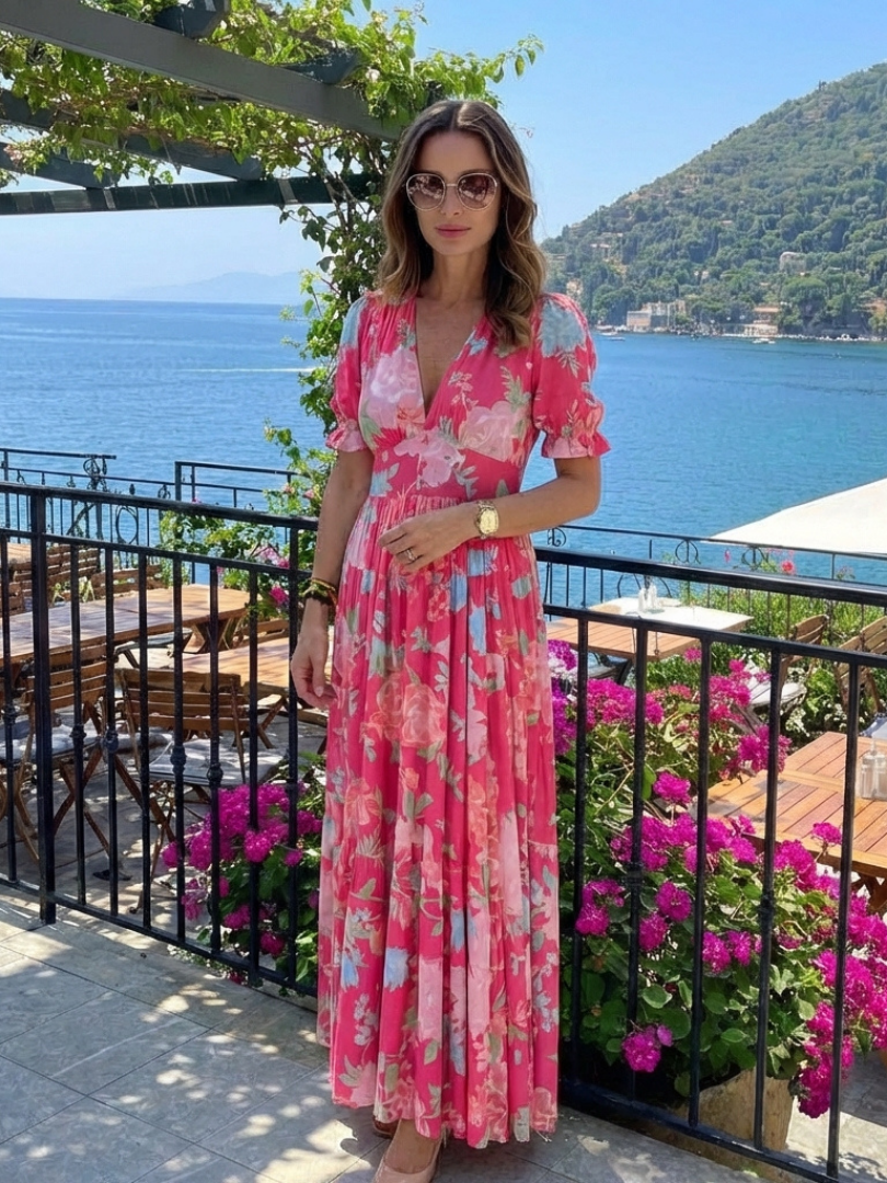 Floral summer midi dress for women by FJØRNA featuring short sleeves and a breezy, lightweight design.
