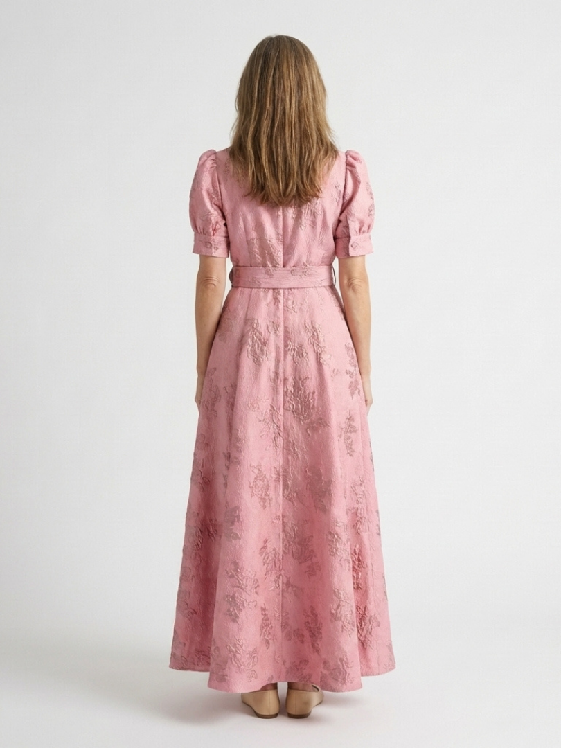 Floral short sleeve summer maxi dress for women by FJØRNA, featuring a flowy design and vibrant floral pattern.