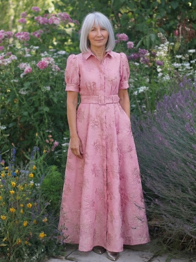 Floral short sleeve summer maxi dress for women by FJØRNA, featuring a vibrant pattern and flowing fabric.