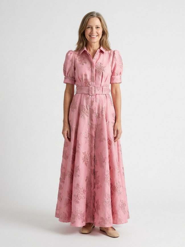 Floral short sleeve summer maxi dress for women by FJØRNA, featuring a flowing design and vibrant floral pattern.